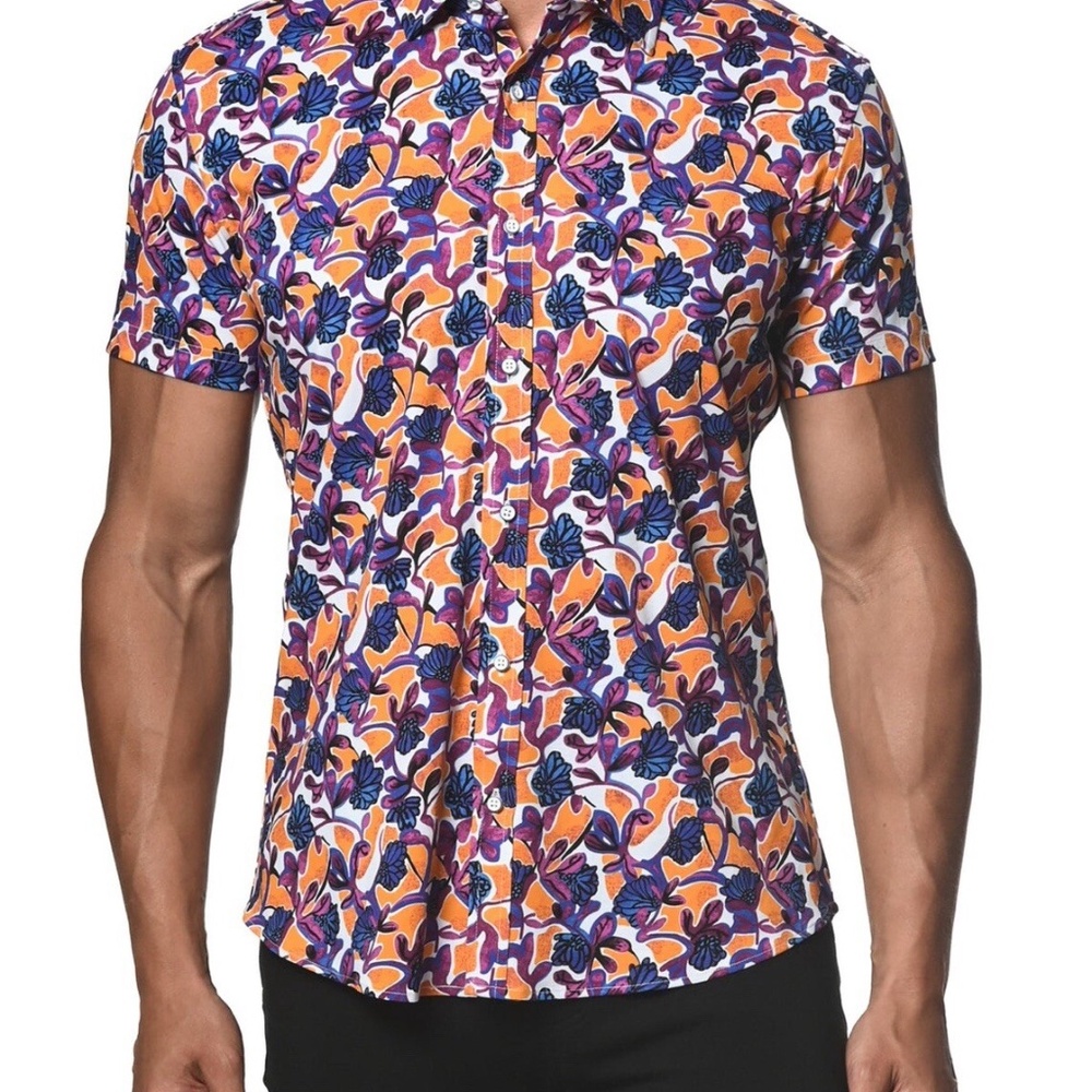 St33LE Shirt Men's S Small Stretch Jersey Floral Orange Purple Short Sleeve NWT